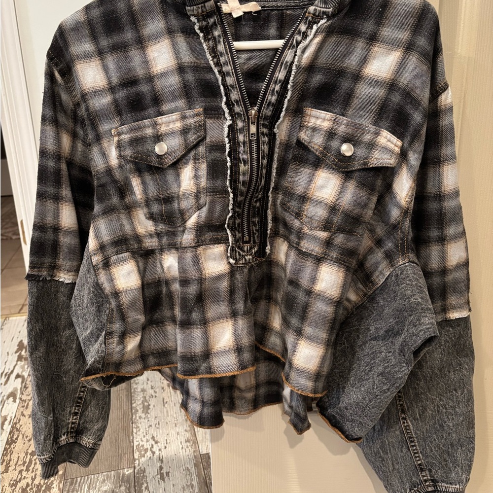 Buckle Plaid and Denim Women's Top - Black and Gray